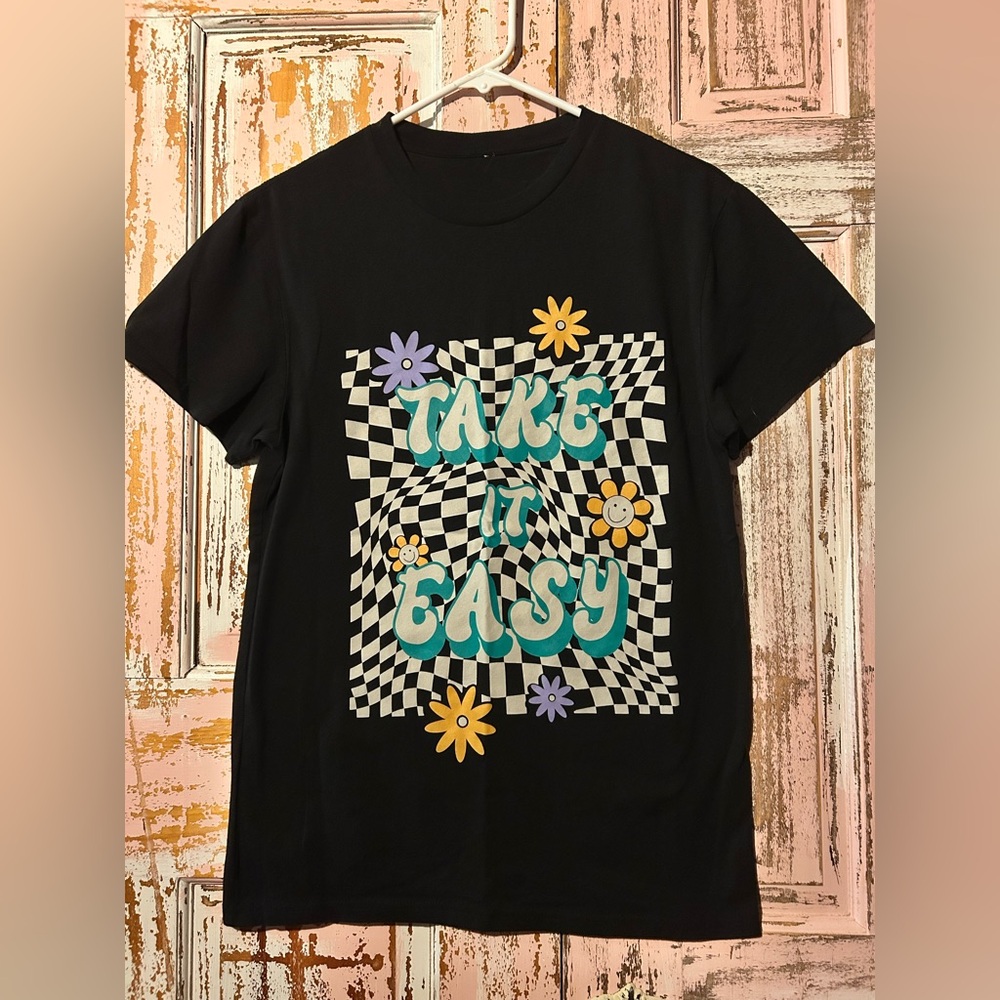 Take It Easy Floral Graphic Tee - Black with teal lettering